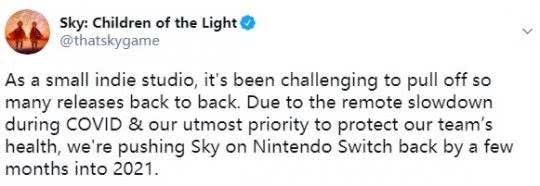 因受疫情影响 《sky光遇》Switch版本官方发布延期至2021年发售！